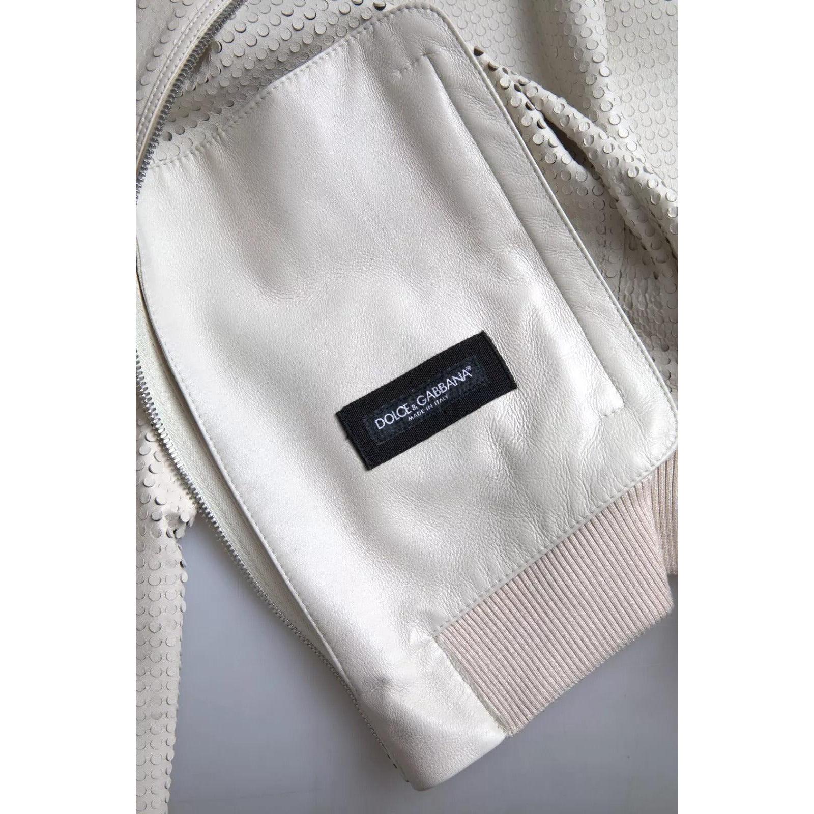 Dolce &amp; Gabbana Off White LeatherPerforated Full Zip Jacket