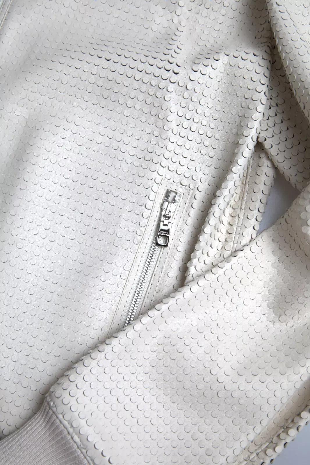 Dolce &amp; Gabbana Off White LeatherPerforated Full Zip Jacket