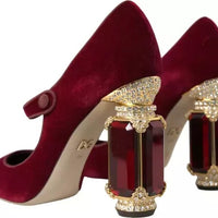 Dolce & Gabbana Red Velvet Gold Crystals Heels Mary Janes Shoes