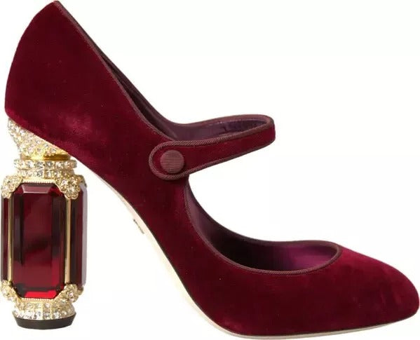 Dolce & Gabbana Red Velvet Gold Crystals Heels Mary Janes Shoes