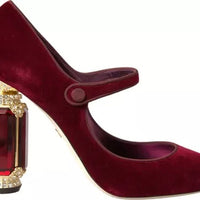 Dolce & Gabbana Red Velvet Gold Crystals Heels Mary Janes Shoes