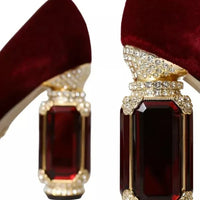 Dolce & Gabbana Red Velvet Gold Crystals Heels Mary Janes Shoes