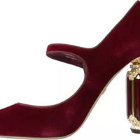 Dolce & Gabbana Red Velvet Gold Crystals Heels Mary Janes Shoes