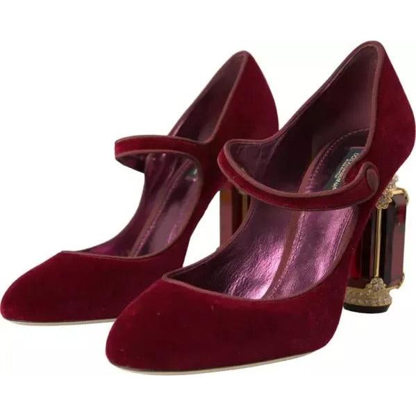 Dolce &amp; Gabbana Red Velvet Gold Crystals Heels Mary Janes Shoes
