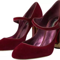 Dolce & Gabbana Red Velvet Gold Crystals Heels Mary Janes Shoes