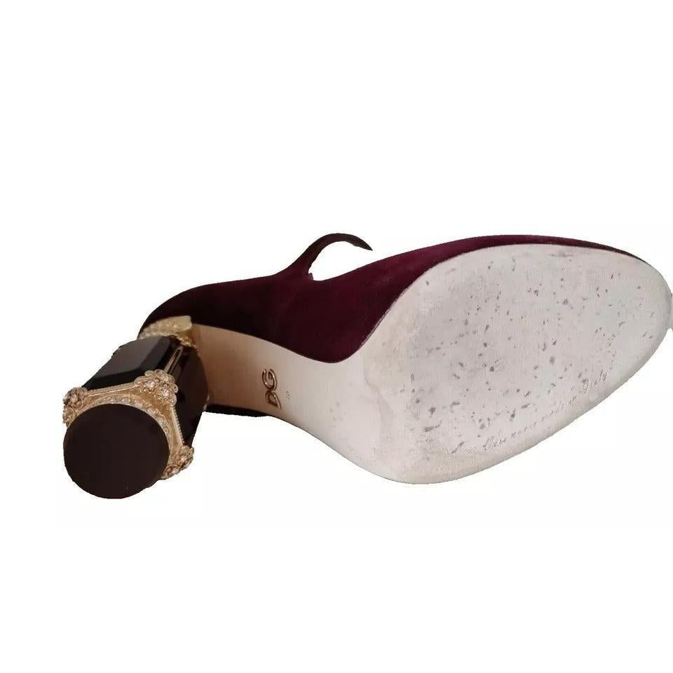Dolce &amp; Gabbana Red Velvet Gold Crystals Heels Mary Janes Shoes