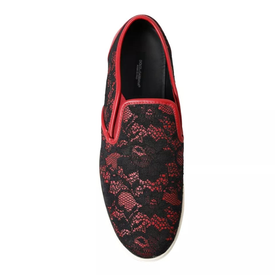 Dolce & Gabbana Black Red Lace Slip On Low Top Sneakers Shoes