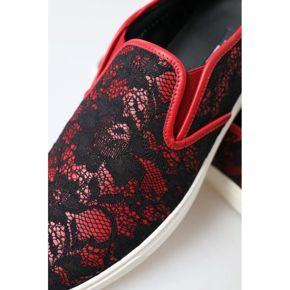 Dolce &amp; Gabbana Black Red Lace Slip On Low Top Sneakers Shoes