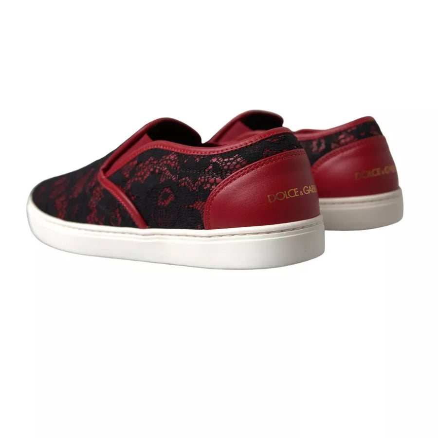 Dolce & Gabbana Black Red Lace Slip On Low Top Sneakers Shoes