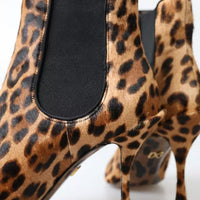 Dolce & Gabbana Brown Leopard Leather Stretch Heels Boots Shoes