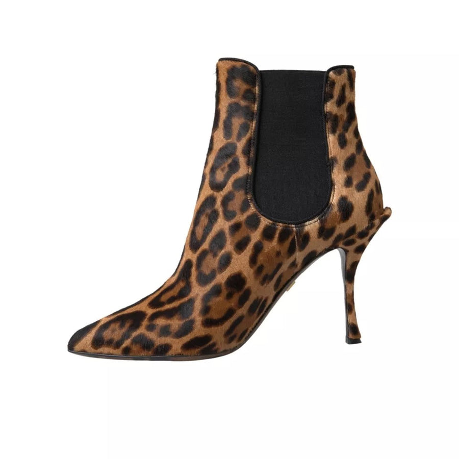 Dolce & Gabbana Brown Leopard Leather Stretch Heels Boots Shoes