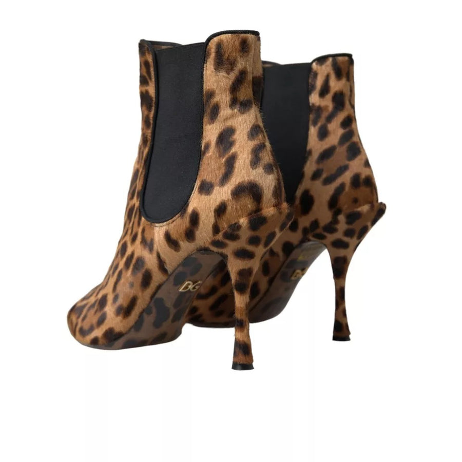 Dolce & Gabbana Brown Leopard Leather Stretch Heels Boots Shoes