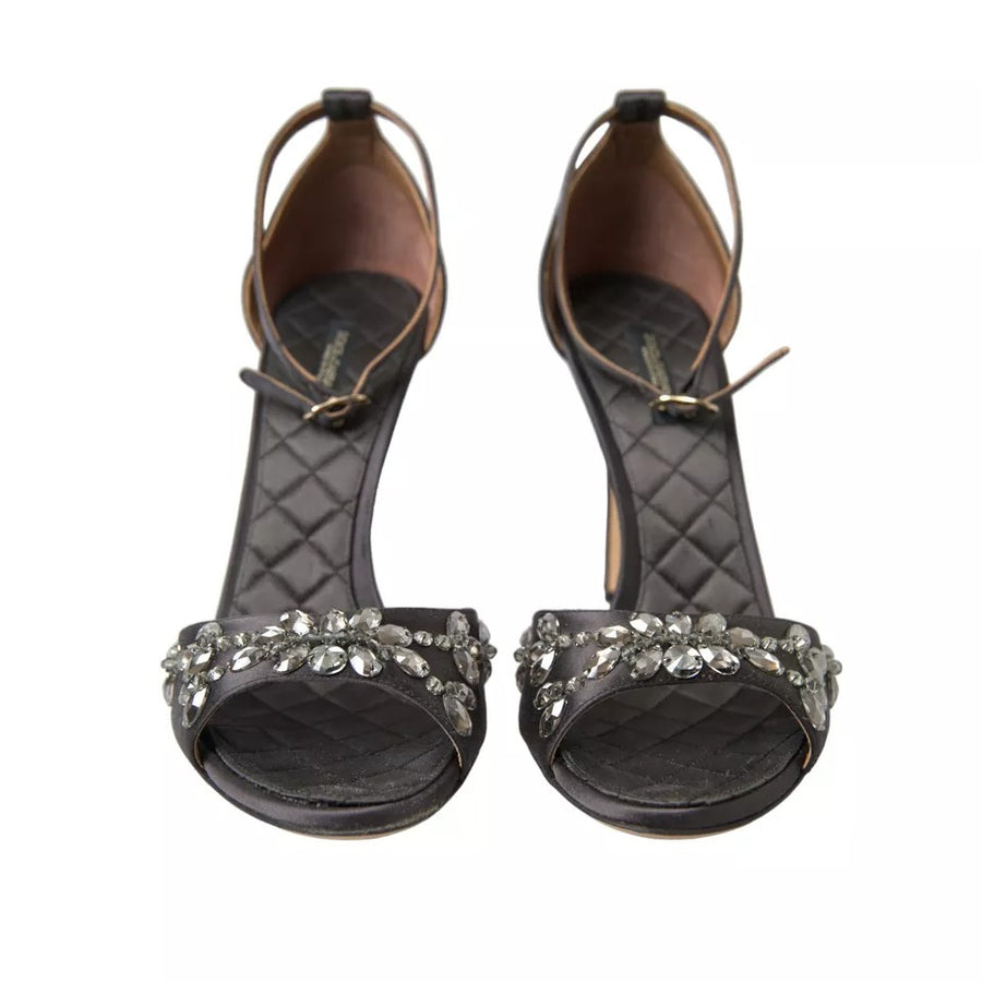 Dolce & Gabbana Gray Satin Ankle Strap Crystal Sandals Shoes