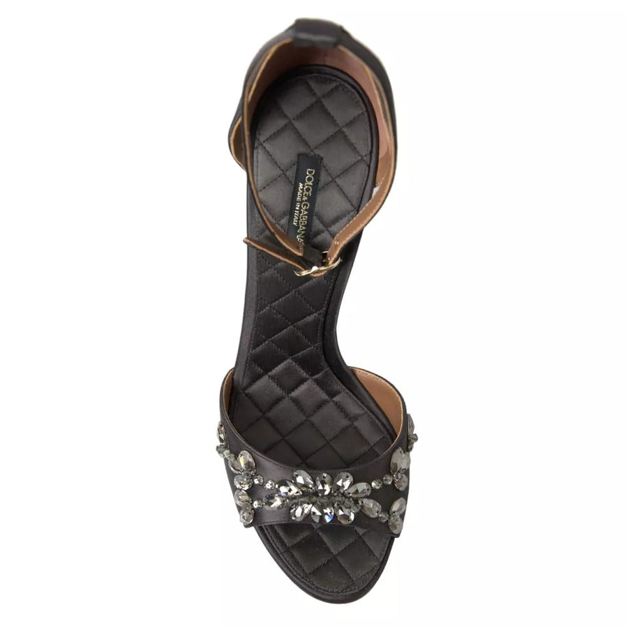 Dolce & Gabbana Gray Satin Ankle Strap Crystal Sandals Shoes