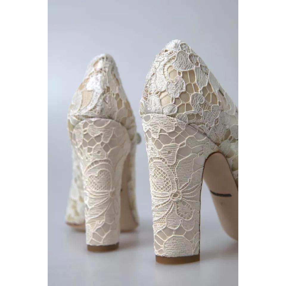 Dolce &amp; Gabbana White Lace Crystals Heels Sandals Shoes