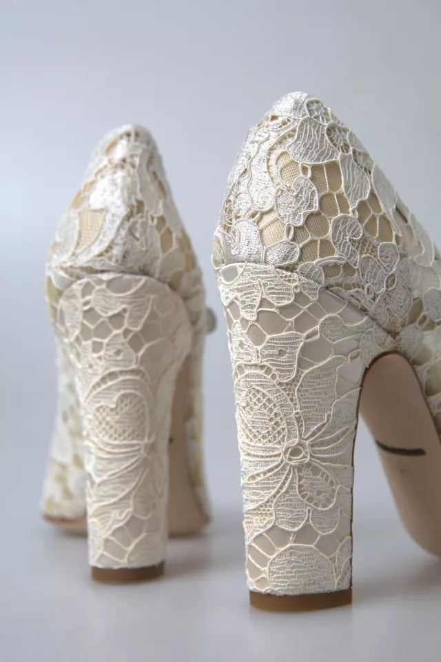 Dolce & Gabbana White Lace Crystals Heels Sandals Shoes