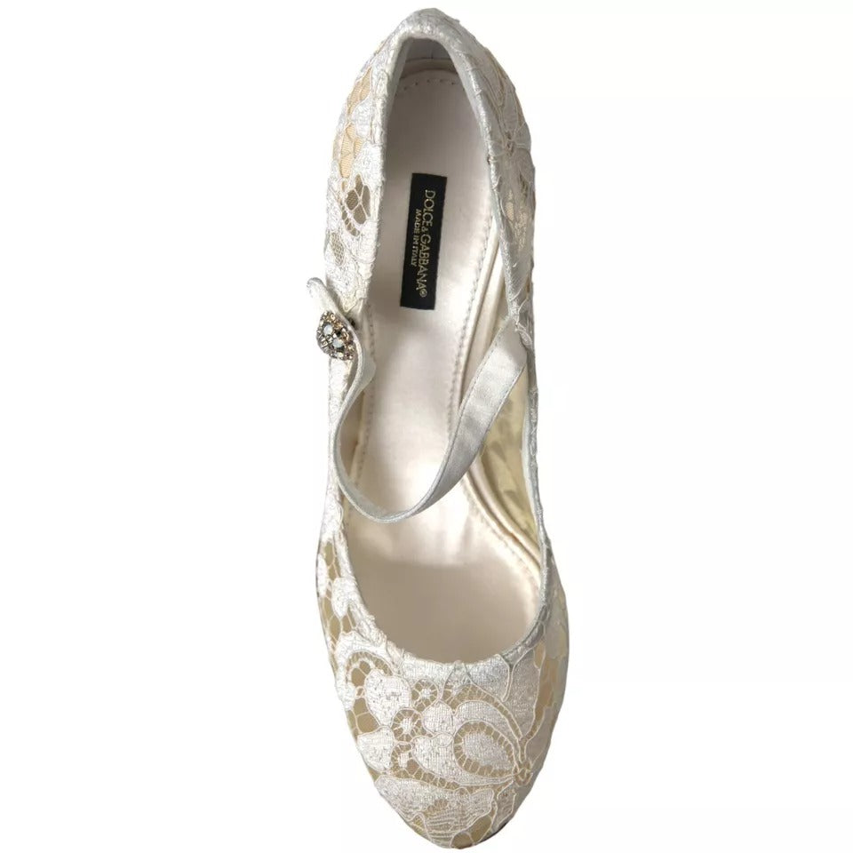 Dolce & Gabbana White Lace Crystals Heels Sandals Shoes