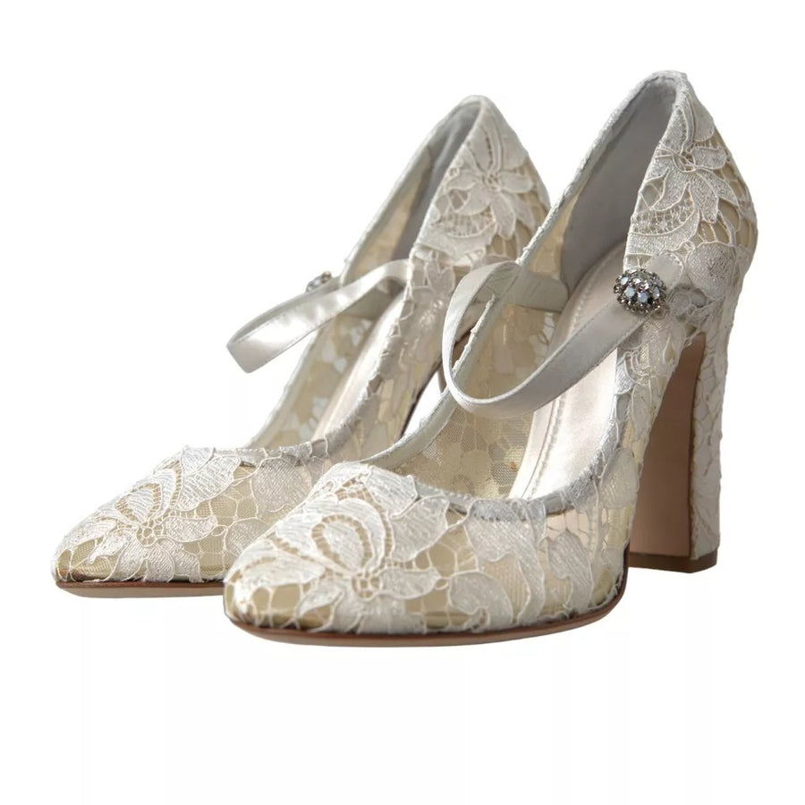 Dolce & Gabbana White Lace Crystals Heels Sandals Shoes