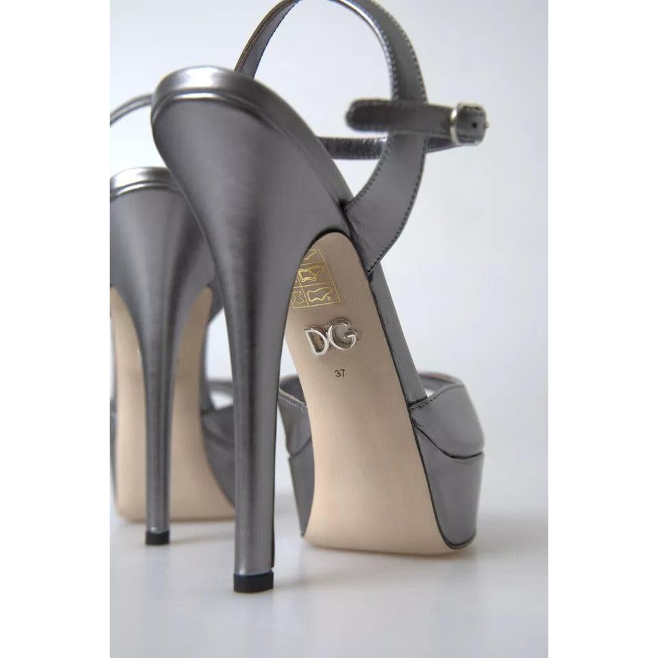 Dolce &amp; Gabbana Silver Leather Platform Heels Sandals Shoes