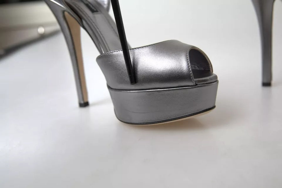 Dolce & Gabbana Silver Leather Platform Heels Sandals Shoes