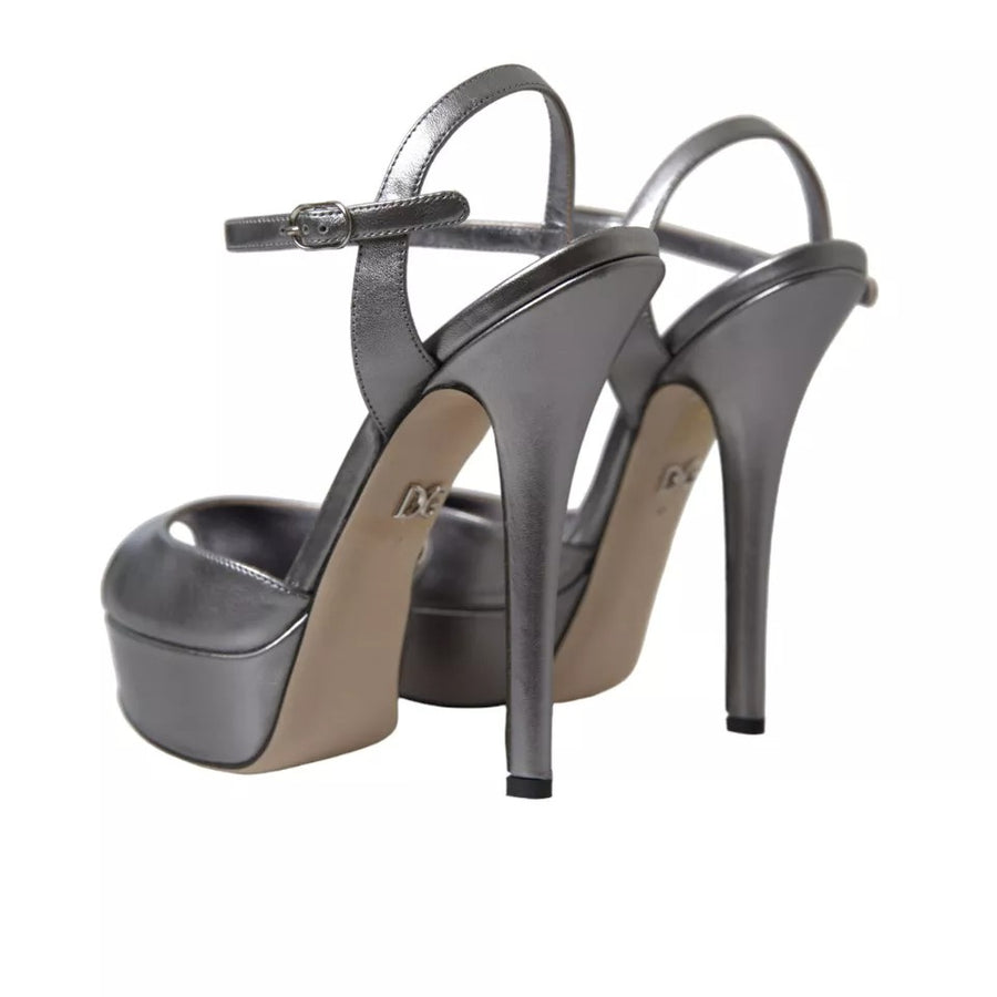 Dolce & Gabbana Silver Leather Platform Heels Sandals Shoes