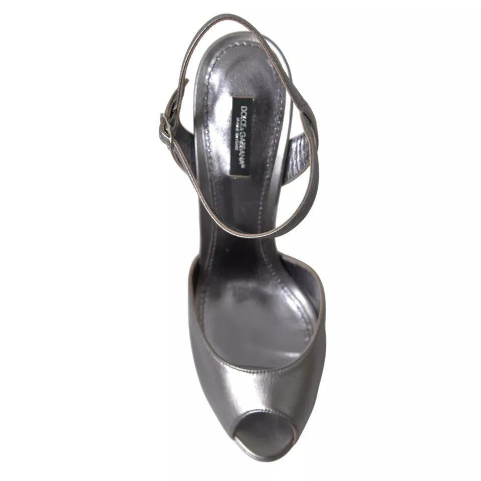 Dolce &amp; Gabbana Silver Leather Platform Heels Sandals Shoes