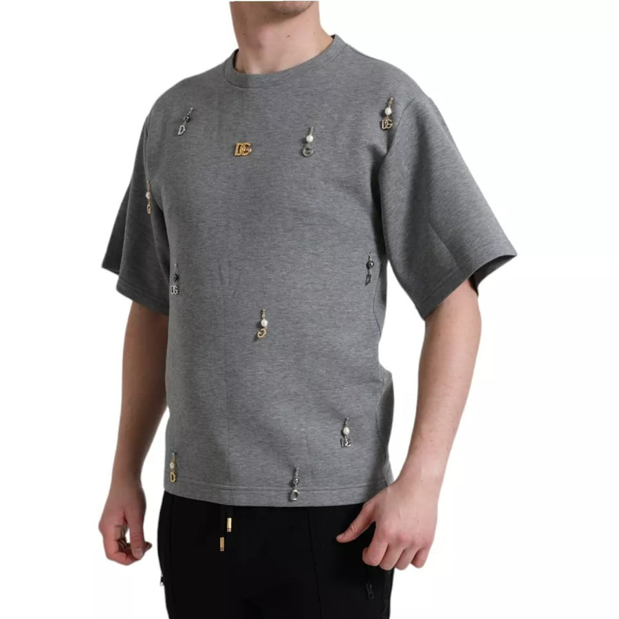 Dolce & Gabbana Gray Cotton Embellished Crew Neck  T-shirt