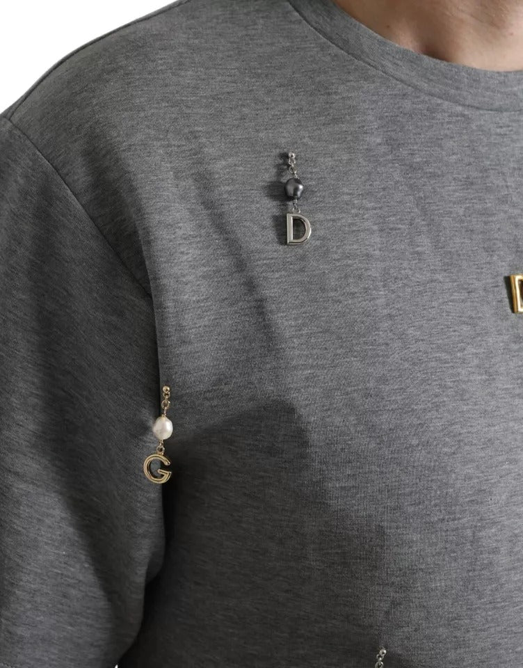 Dolce &amp; Gabbana Gray Cotton Embellished Crew Neck  T-shirt