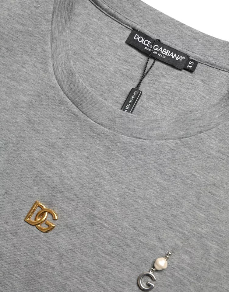 Dolce & Gabbana Gray Cotton Embellished Crew Neck  T-shirt