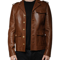 Dolce & Gabbana Brown Calfskin Leather Button Down Jacket