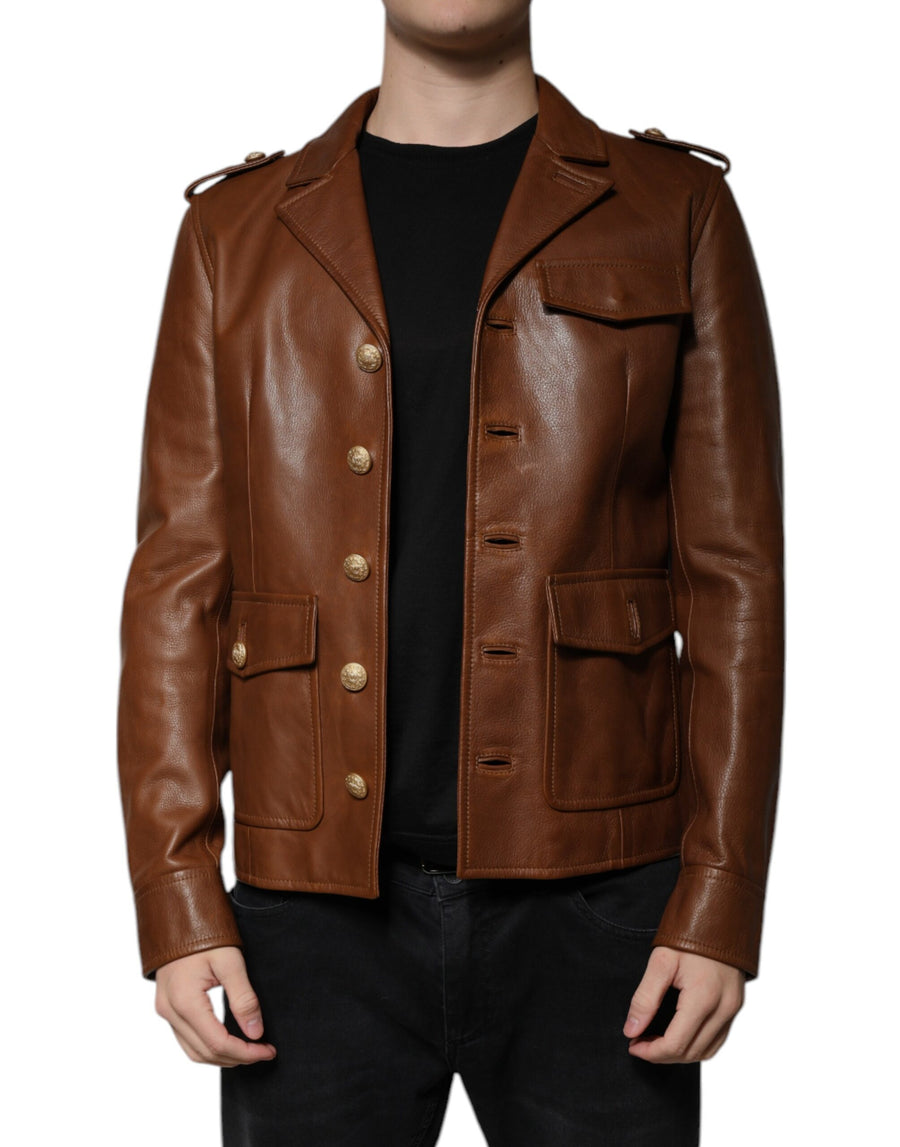 Dolce & Gabbana Brown Calfskin Leather Button Down Jacket