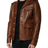 Dolce & Gabbana Brown Calfskin Leather Button Down Jacket