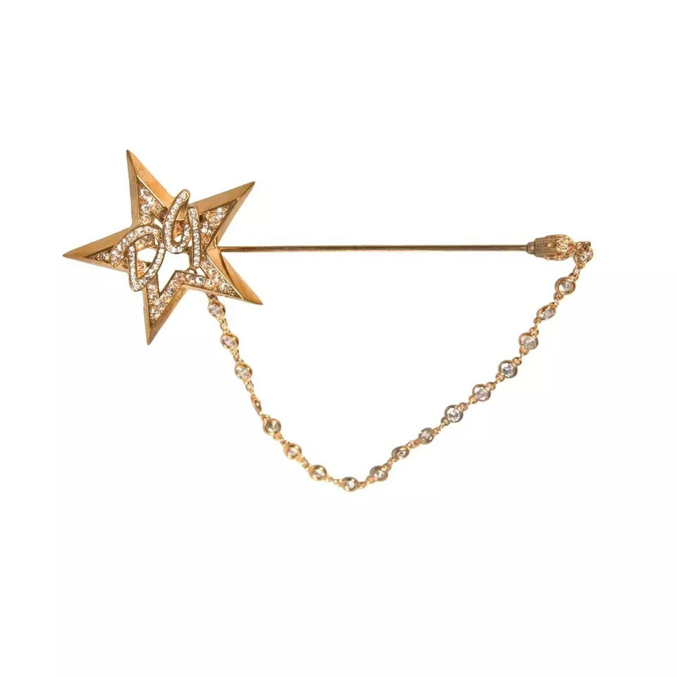 Dolce & Gabbana Gold Brass DG Logo Star Crystal Brooch Lapel Pin