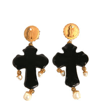 Dolce & Gabbana Black Crystal Cross Crystal Embellished Gold Clip On Earrings