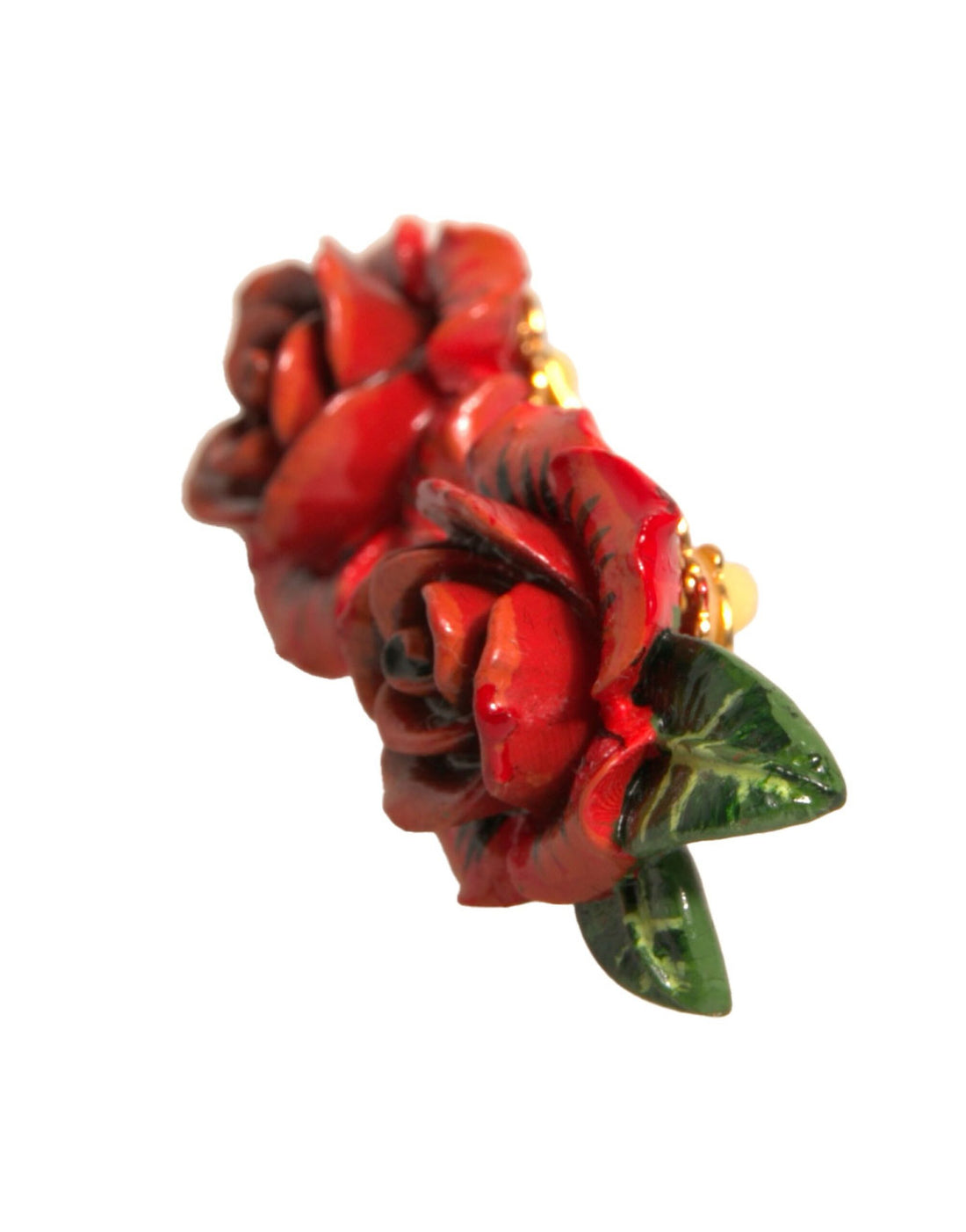 Dolce & Gabbana Red Gold Tone Brass Resin Roses Floral Clip On Earrings