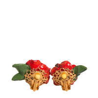 Dolce & Gabbana Red Gold Tone Brass Resin Roses Floral Clip On Earrings