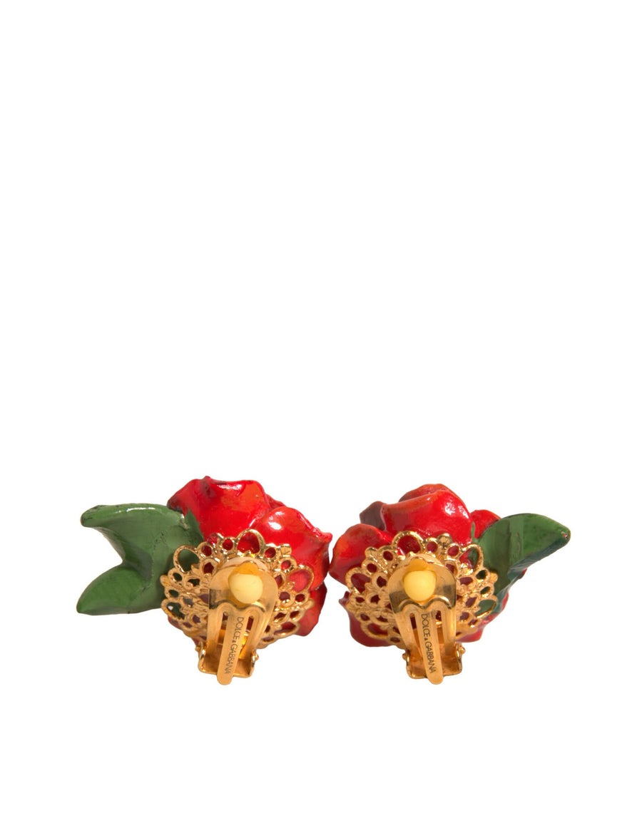 Dolce & Gabbana Red Gold Tone Brass Resin Roses Floral Clip On Earrings