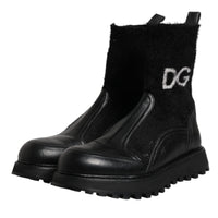 Dolce & Gabbana Black DG Logo Horse Sock Ankle Boots Shoes