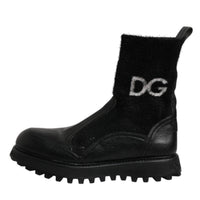 Dolce & Gabbana Black DG Logo Horse Sock Ankle Boots Shoes