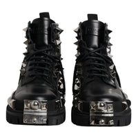 Dolce & Gabbana Black Leather Studded Trekking Boots Shoes