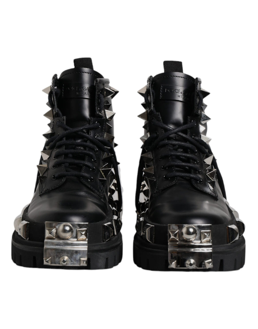 Dolce & Gabbana Black Leather Studded Trekking Boots Shoes