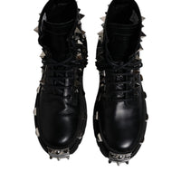 Dolce & Gabbana Black Leather Studded Trekking Boots Shoes