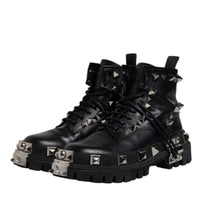 Dolce & Gabbana Black Leather Studded Trekking Boots Shoes