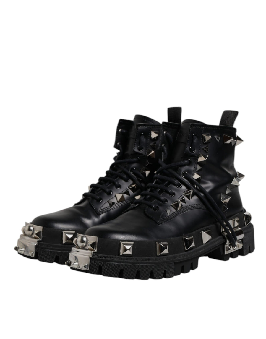 Dolce & Gabbana Black Leather Studded Trekking Boots Shoes