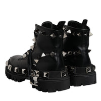 Dolce & Gabbana Black Leather Studded Trekking Boots Shoes