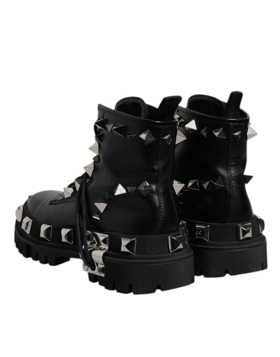 Dolce & Gabbana Black Leather Studded Trekking Boots Shoes