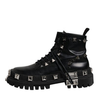 Dolce & Gabbana Black Leather Studded Trekking Boots Shoes