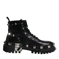 Dolce & Gabbana Black Leather Studded Trekking Boots Shoes