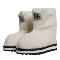 Dolce & Gabbana White Plush Logo Padded Mid Calf Boots Shoes