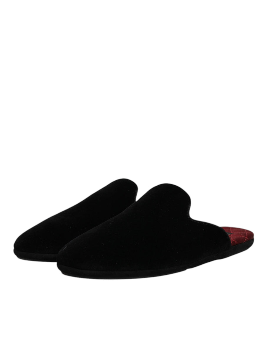 Dolce & Gabbana Black Viscose Velvet Slides Flat Slipper Shoes